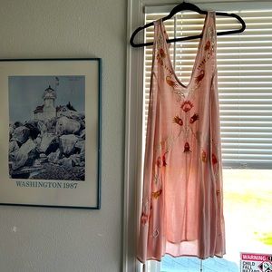 Free People Pink Orange Embroidered Side Tie Shift Tunic Dress
